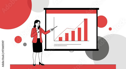 Businesswoman presenting a financial report on a screen with graphical charts and data