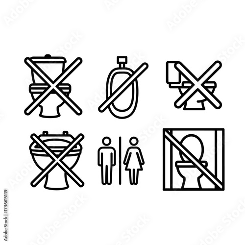 Set of black and white line icons depicting various toilet and restroom rules and prohibitions, including no toilets and a male/female restroom sign.