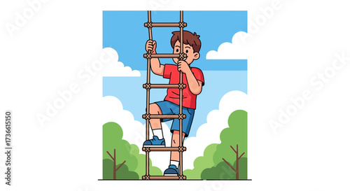 Cartoon illustration of a boy climbing a rope ladder in a park on a summer day
