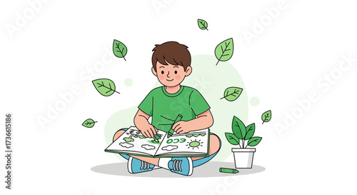 Cartoon Illustration of a Child Studying and Drawing Environment on Notebook