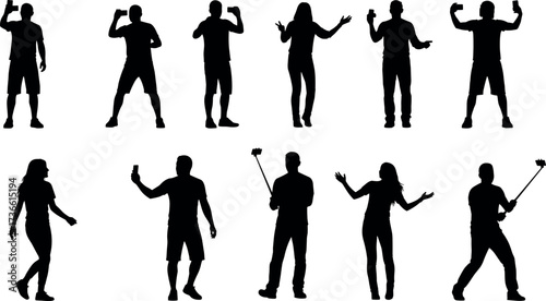 Silhouette people taking selfies with smartphones and selfie sticks in various poses, modern mobile photography and social media concept art