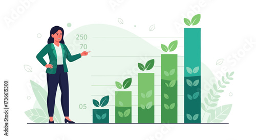 Businesswoman presenting a growth chart illustrating environmental progress and sustainability