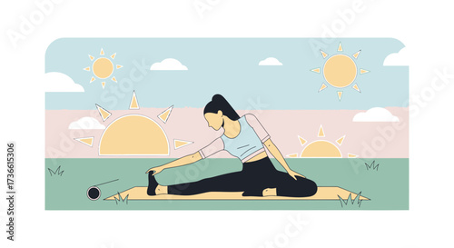 Cartoon illustration of a woman stretching outdoors on a yoga mat during sunrise