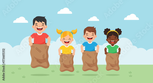 Cartoon illustration of kids having fun in a sack race competition in the park