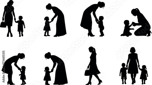 Silhouette scenes of adults interacting with children in various caring, guiding, and nurturing postures, perfect for parenting and education themes.