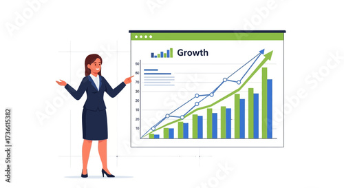 Businesswoman presenting a growth chart, showing increasing sales and profit projections