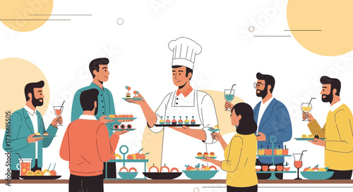 Catering Event Scene: People Serving Themselves At An Elegant Buffet, Food And Drinks Offering