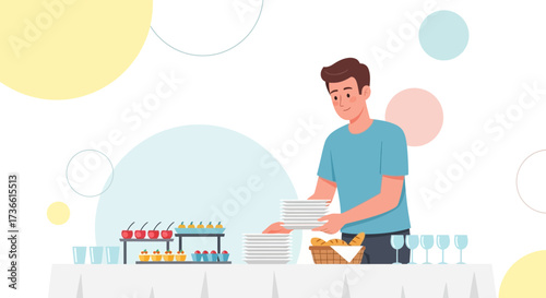 Catering Scenario: A Professional Male Presenting Plates, Ready To Serve Food Buffet