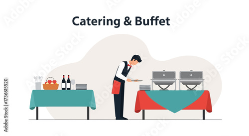 Catering Event Illustration Featuring Waiter Serving Food Buffet Tables Ready For Guests