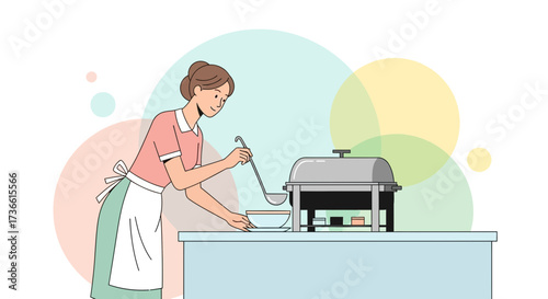 Catering Service Illustration With Woman Serving Food From Chafing Dish On Buffet Table