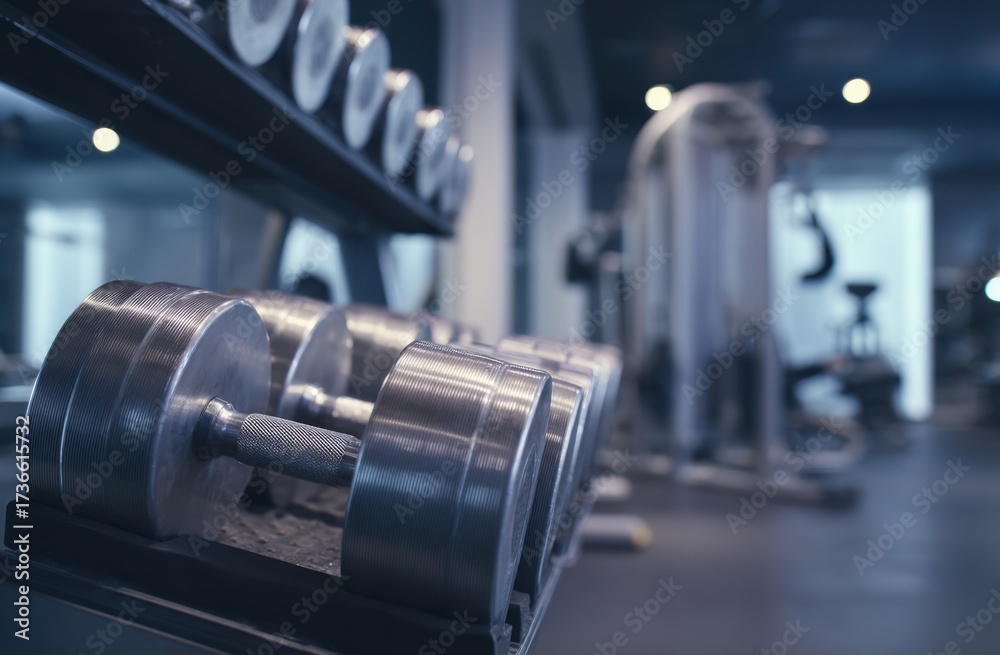 Fototapeta premium Gym dumbbells on rack, blurry background