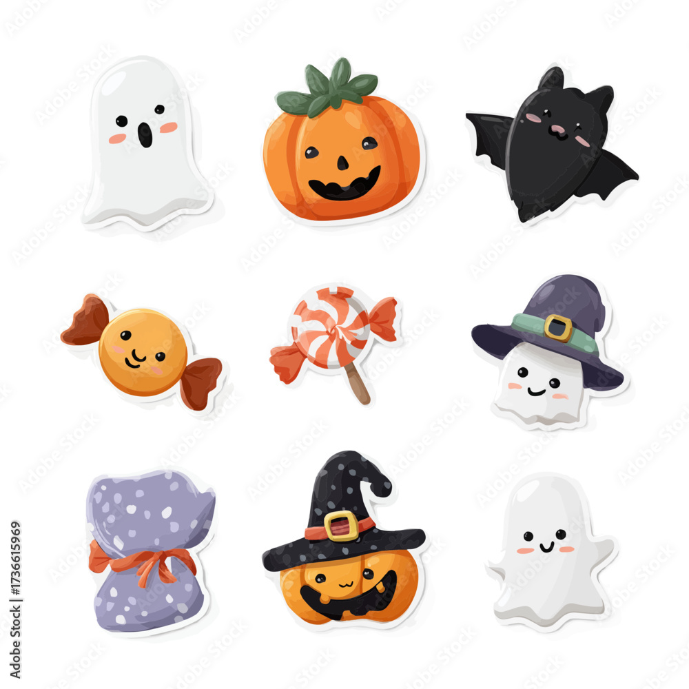 Fototapeta premium Halloween stickers pack in flat vector illustration style. Includes pumpkin, ghost, bat, candy and witch hat. Minimal style isolated on white.