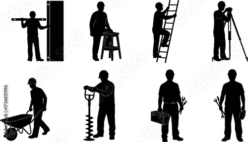 Silhouette set of construction workers using tools, ladder, wheelbarrow, and equipment for building, surveying, digging, and repair tasks