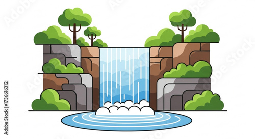 Scenic waterfall illustration, depicting cascading water amidst lush greenery and rocky cliffs in a serene landscape
