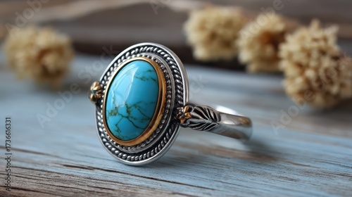 Oval turquoise gemstone ring with intricate silver setting