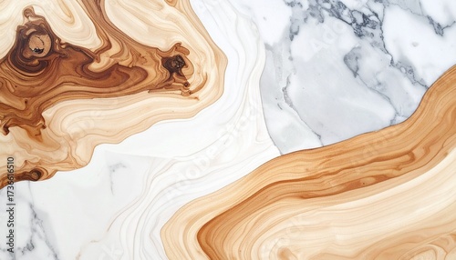 Close-up of marbled surface with swirling brown, beige, and white wood-grain patterns beside gray-white polished marble textures.