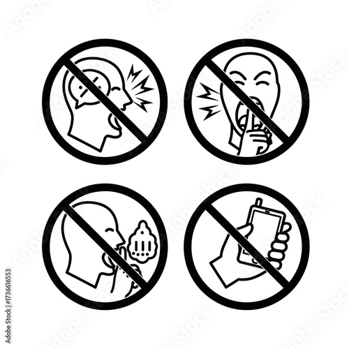 Four circular signs depicting actions that are prohibited, such as talking, shouting, and using a phone.