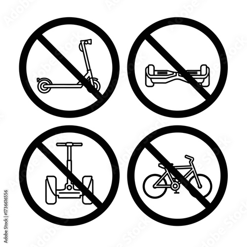 Four black and white prohibition signs for personal transport vehicles like scooters, hoverboards, Segways, and bicycles.