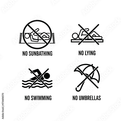A set of four black and white icons indicating prohibitions: no sunbathing, no lying down, no swimming, and no umbrellas.