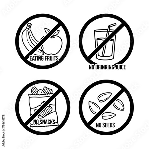 A set of four black and white prohibition icons showing dietary restrictions for fruits, juice, snacks, and seeds.