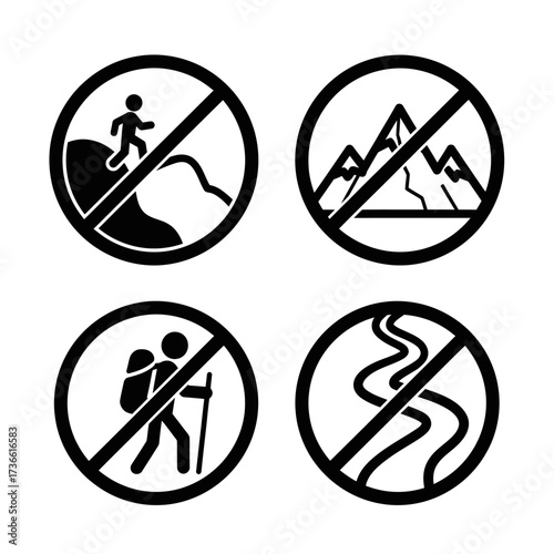A collection of four circular prohibition signs indicating no hiking, no mountain climbing, no backpacking, and no river trekking.