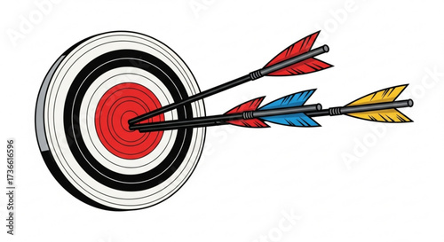 Three arrows hitting the center of a target, symbolizing accuracy, success, and achievement focus and precision