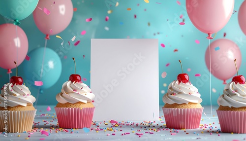 Festive celebration scene featuring a blank white card surrounded by delicious cupcakes, colorful balloons, and scattered confetti, perfect for custom greetings or party invitations