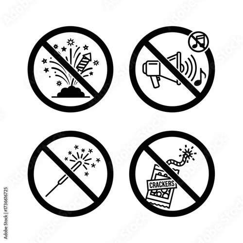 Prohibition signs indicating restrictions on fireworks, loud noises, and related items.