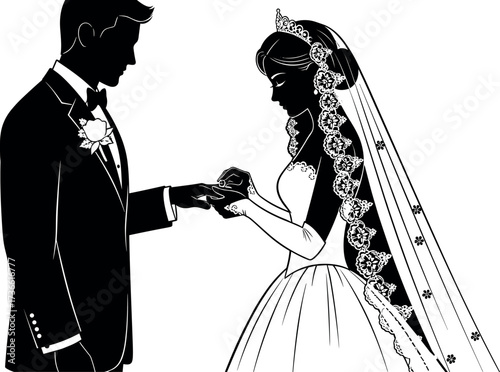 Silhouette wedding ceremony moment with bride placing ring on groom, romantic couple illustration for marriage, love, and celebration themes.