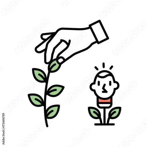 An illustration depicting a hand tending to a plant, symbolizing growth and nurturing, with a person's head sprouting from the ground.