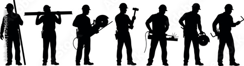 Silhouettes of construction workers holding tools, equipment, and gear, representing teamwork, labor, industry, and skilled trades in vector format.