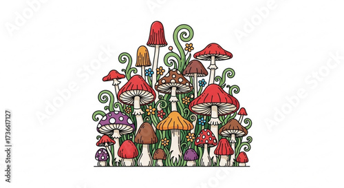 A colorful illustration of various mushrooms growing together, , creating a whimsical and vibrant scene in nature