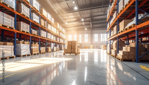 Symmetrical warehouse interior with tall shelves of stacked boxes, polished floor, and central aisle under industrial lighting.