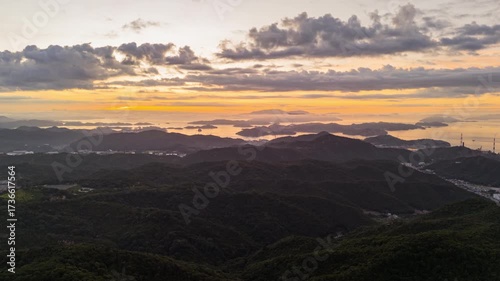Aerial hyperlapse of sunrise at Seto inland sea in Hiroshima prefecture, Japan