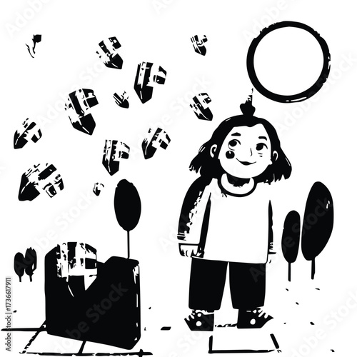 Black and white vector silhouette of a cheerful little girl standing in an abstract landscape with floating rocks and a speech bubble.