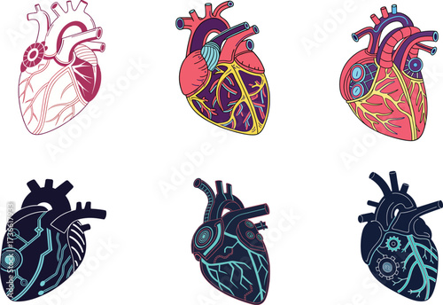 Vibrant and futuristic anatomical heart designs showcasing biological and mechanical fusion