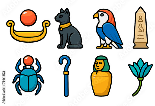 Ancient Egyptian symbols depicting mythology, wildlife, and iconic artifacts in vibrant colors
