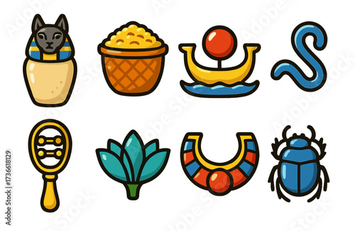 Colorful illustrations of ancient Egyptian symbols and artifacts featuring a cat, treasure, and more