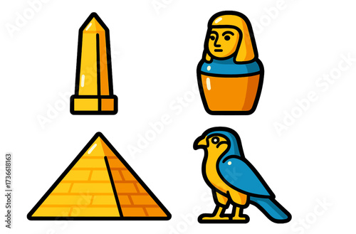 Ancient Egyptian symbols including obelisk, sarcophagus, pyramid, and falcon in vibrant colors