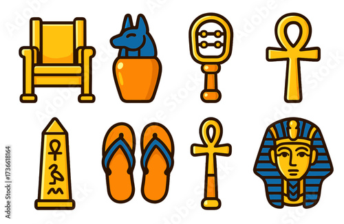 Ancient Egyptian symbols and artifacts displayed, showcasing culture and history with vibrant illustrations