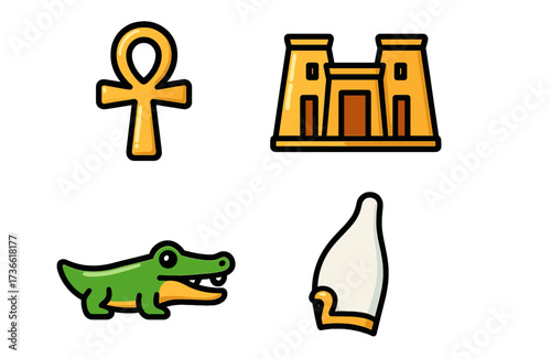 Symbols of ancient Egypt including ankh, temple, crocodile, and scroll on a white background