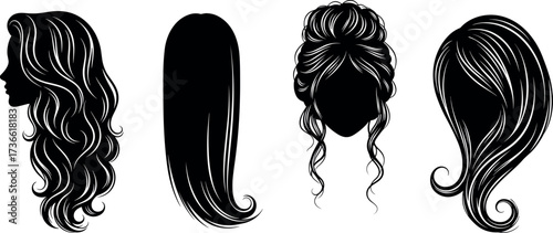 Stylish women hairstyle silhouette set featuring long waves, sleek straight hair, elegant updo, and layered curls for beauty design