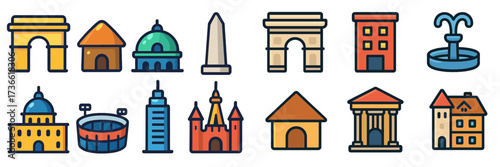 Exploring iconic landmarks and architectural structures in a colorful illustration featuring various building styles