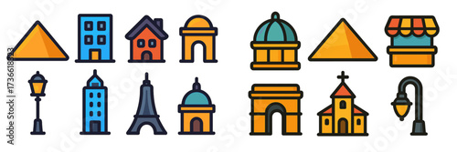 Colorful illustrations of famous landmarks and buildings in a fun, modern design style