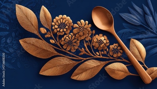 Gold leaf botanical design with wooden spoon on a dark blue background.