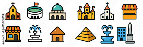 Colorful collection of iconic landmarks and buildings featuring churches, fountains, pyramids, and castles in a stylized design