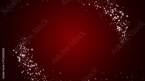 On a red background, a whirlwind of snowflakes appears and disappears, a free space in the center. Holiday background animation for Christmas and New Year.