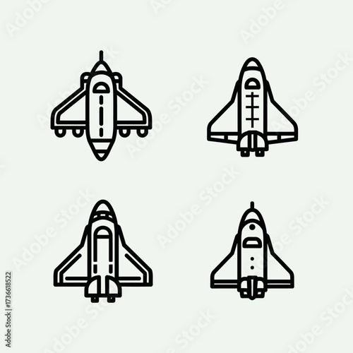 Four stylized line art icons of space shuttles, presented in a 2x2 grid against a light background.