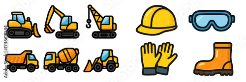 Construction equipment and safety gear icons for building site activities and protective measures