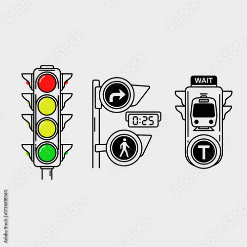 Illustration of traffic lights, including pedestrian and train signals.